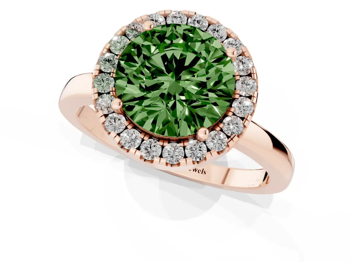 Fancy Green Round Cut Halo Diamond Solitaire with Pavé Band and Four-Prong Setting Rose gold