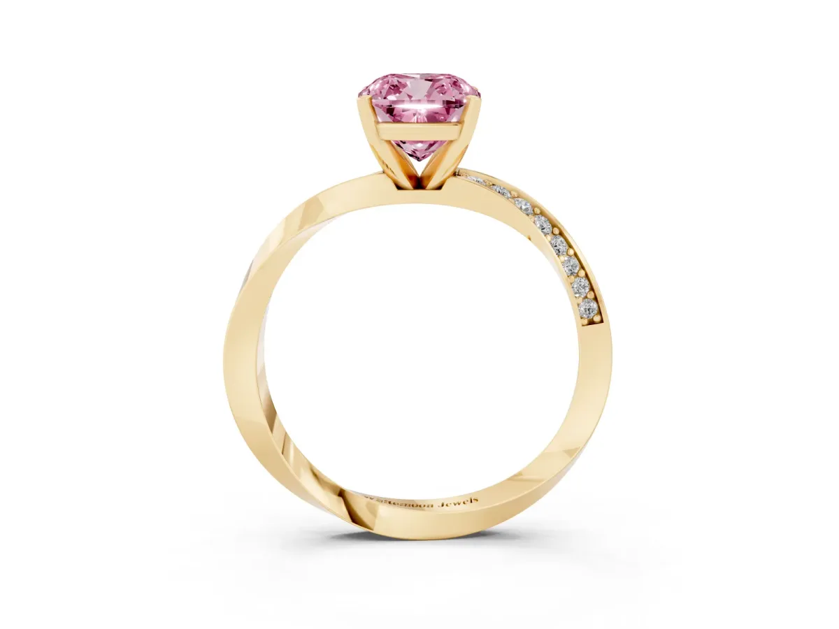Fancy Pink Cushion Cut Diamond Engagement Ring with Side Stone Accents and Four-Prong Setting Yellow gold