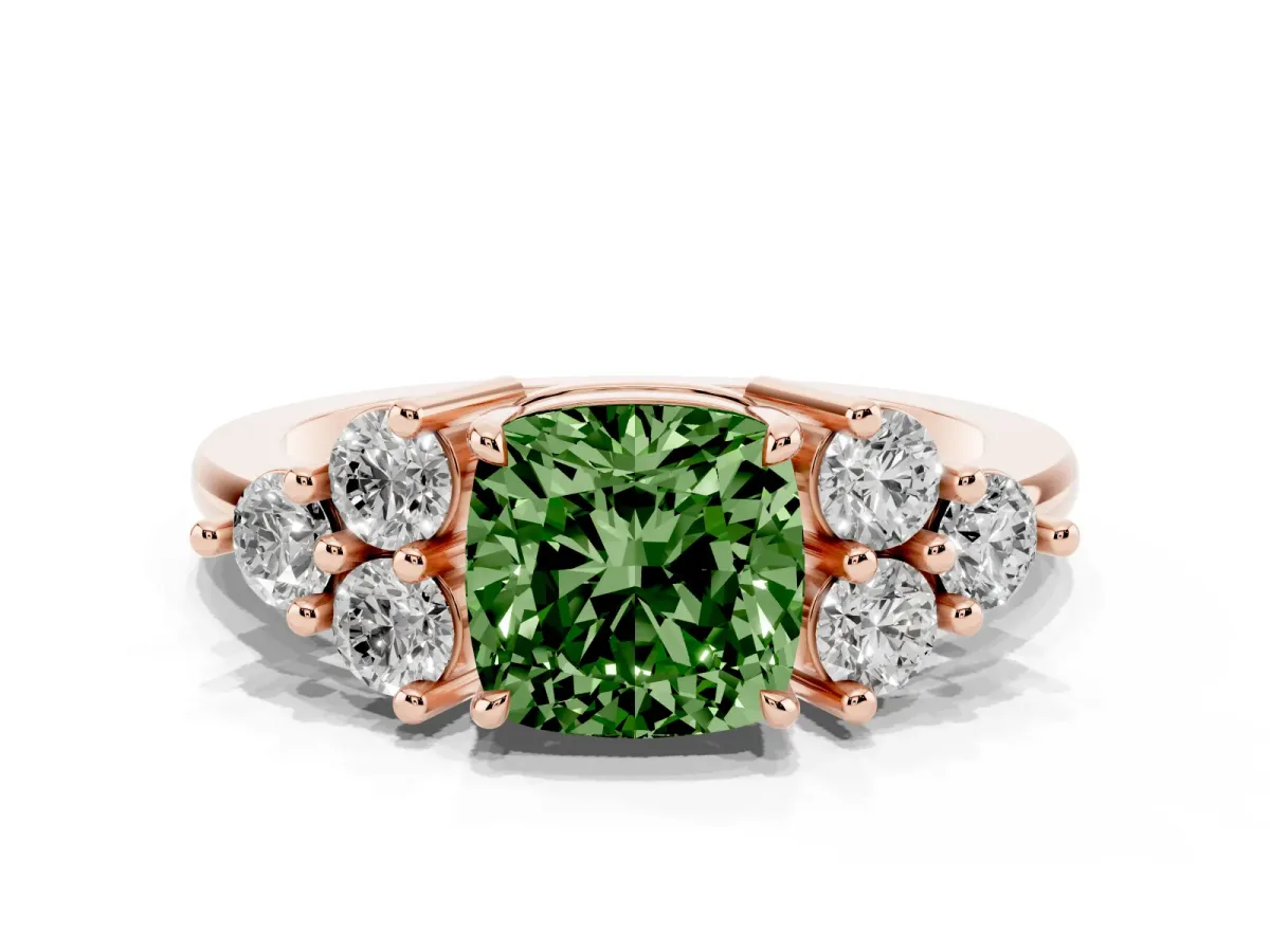 Fancy Green Cushion Cut Brilliant Diamond Cluster Accent Solitaire Ring with Prong Setting Rose gold