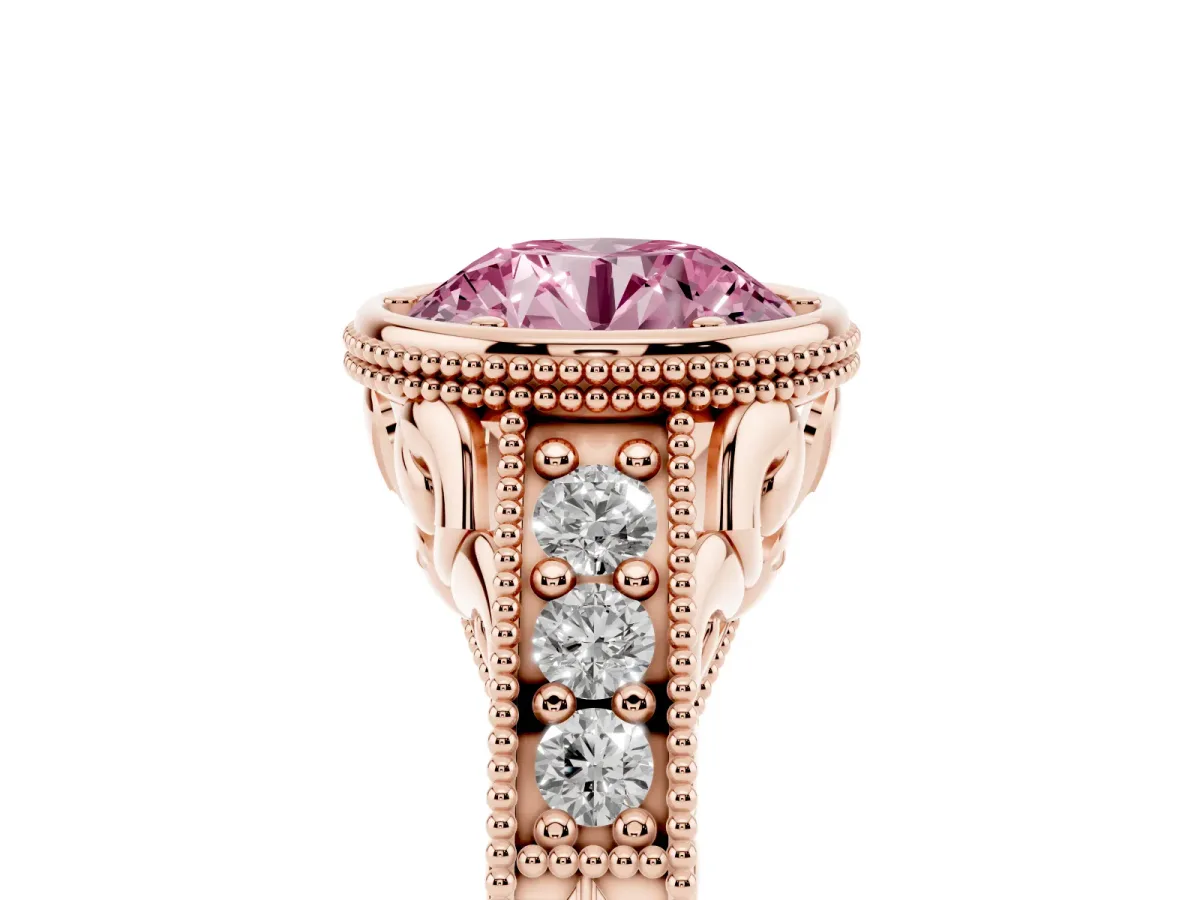 Fancy Pink Bezel Set Round Cut Diamond Milgrain Pave Engagement Ring Rose gold