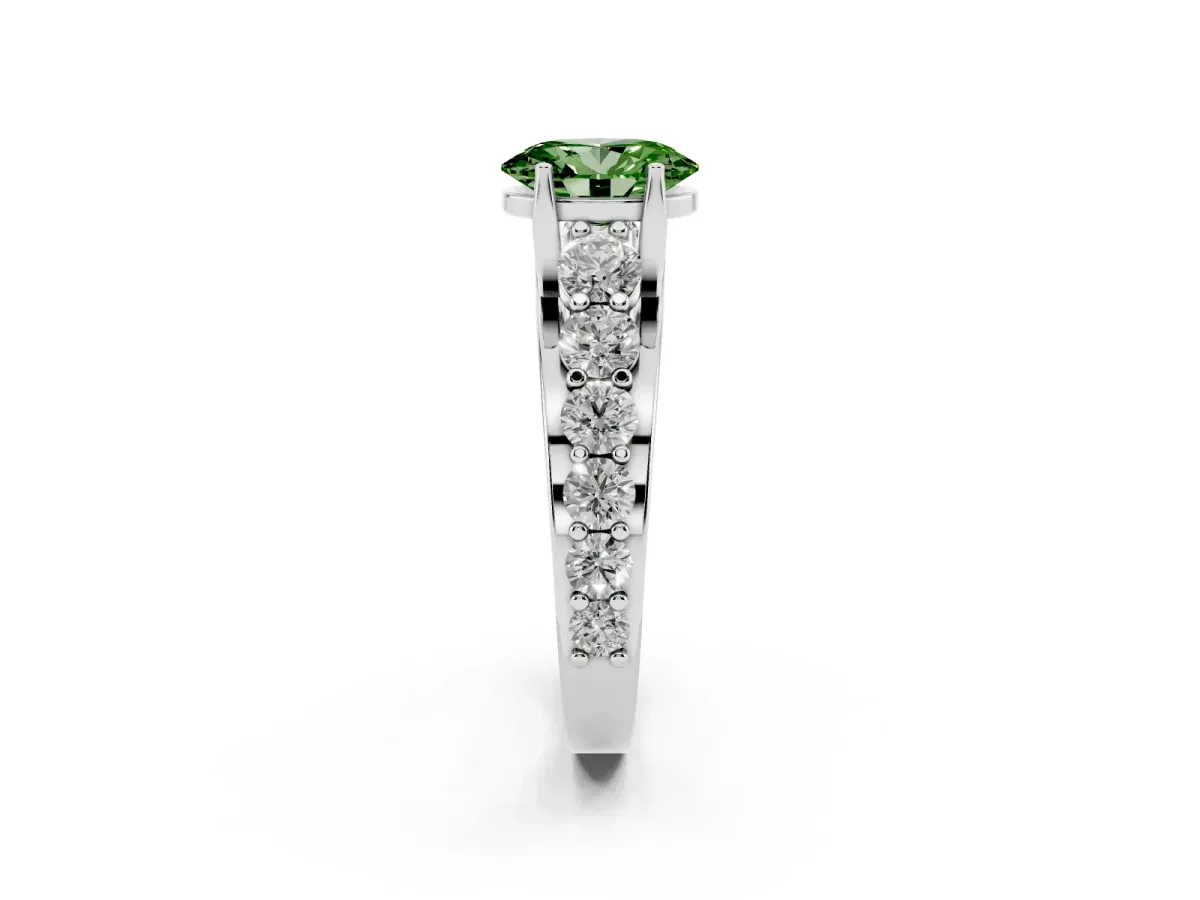 Fancy Green Oval Cut Diamond Engagement Ring with Pavé Band and Four-Prong Setting White gold