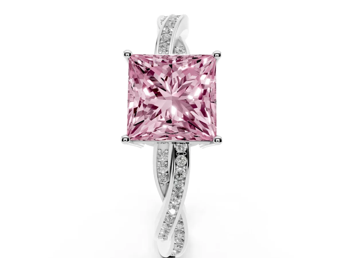 Fancy Pink Princess Cut Solitaire Twisted Pave Diamond Ring with Four-Prong Setting Silver
