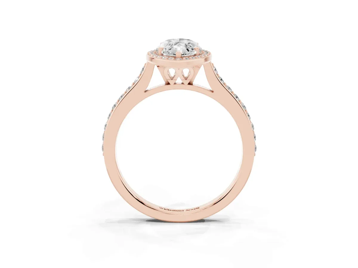 Marquise Cut Diamond Halo Engagement Ring with Round Pavé Shoulders and Prong Setting Rose gold