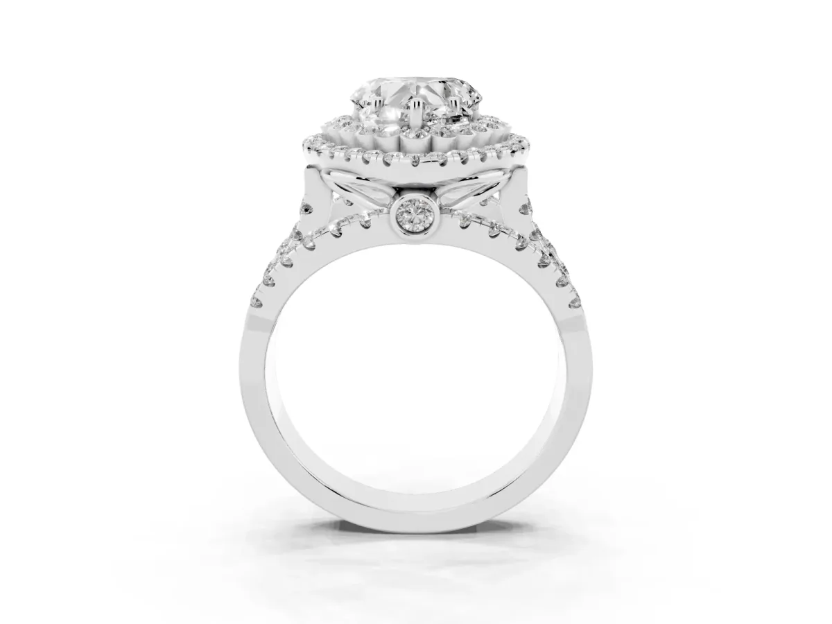 Heart Cut Diamond Double Halo Ring with Round Pavé Split Shank and Prong Setting Platinum