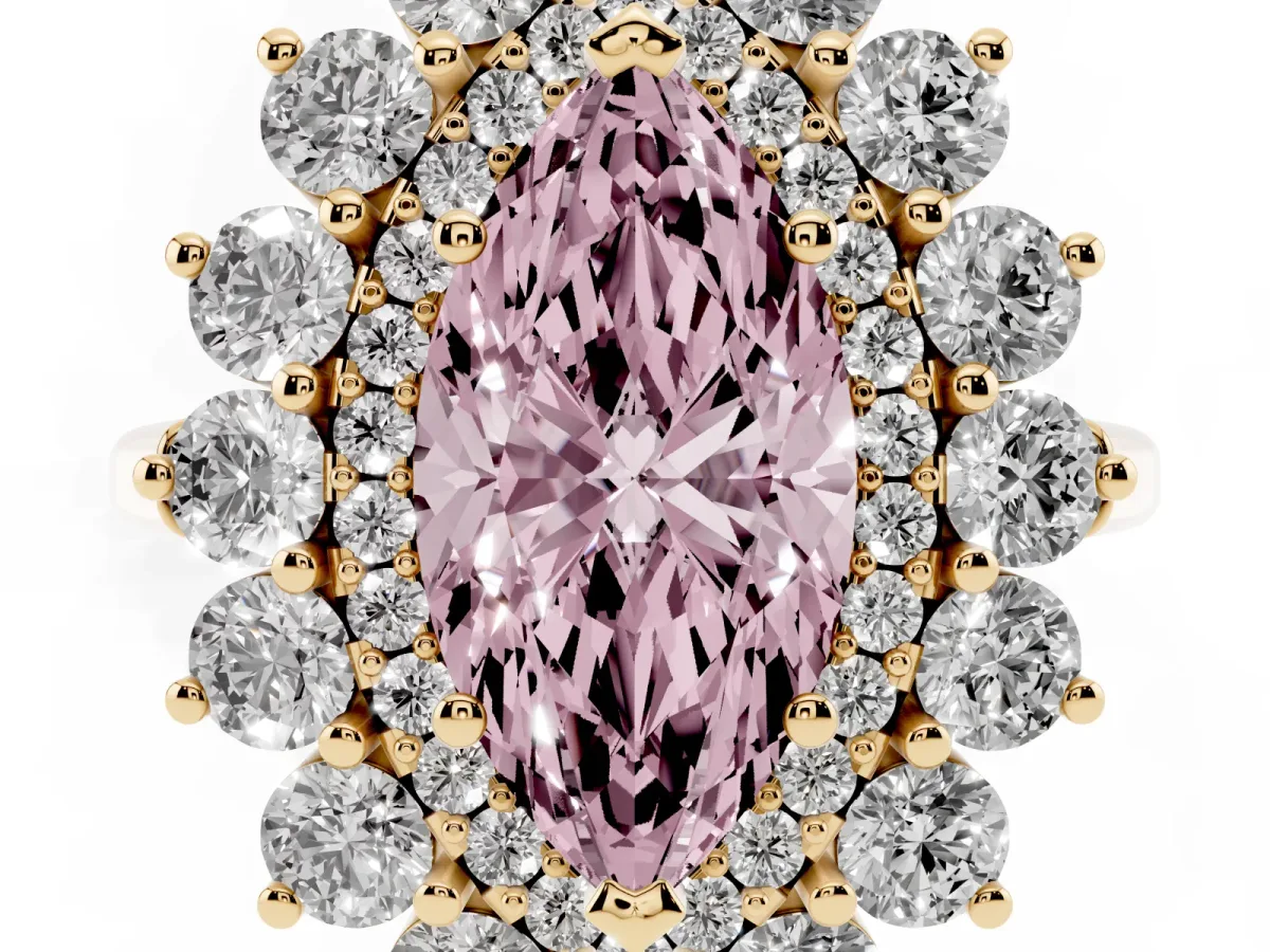 Fancy Pink Marquise Cut Diamond Floral Double Halo Engagement Ring with Prong Setting Yellow gold