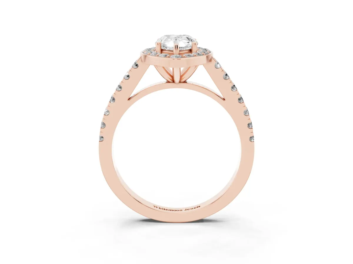 Pear Cut Diamond Halo Ring with Round Pavé Split Shank and Prong Setting Rose gold