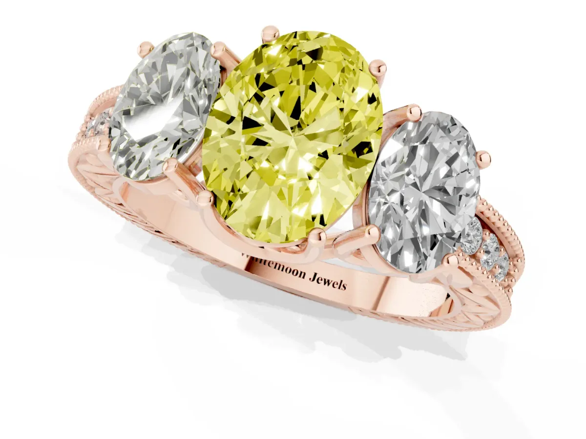 Fancy Yellow Three-Stone Oval Cut Cut Milgrain Pavé Engagement Ring Rose gold