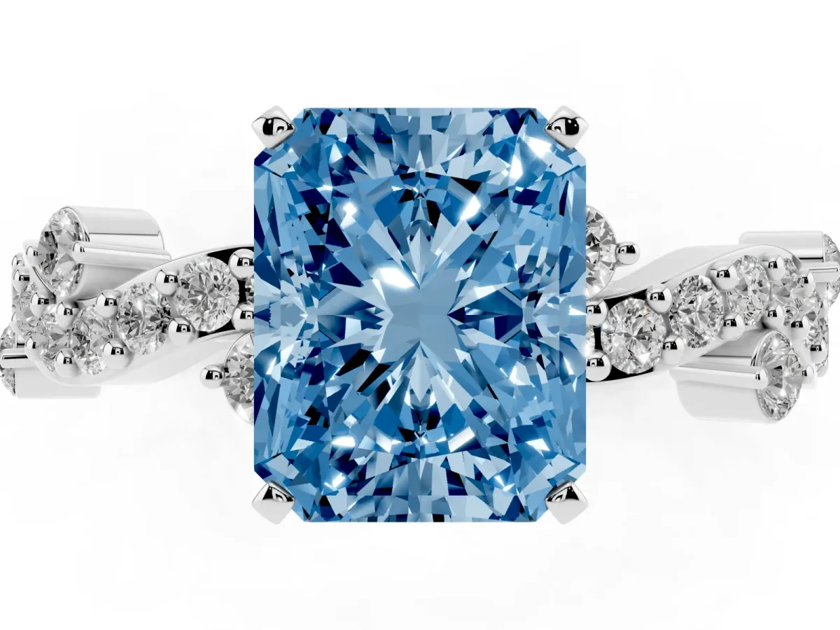 Fancy Blue Radiant Cut Cut Solitaire Diamond Twisted Band with Pave Setting Silver