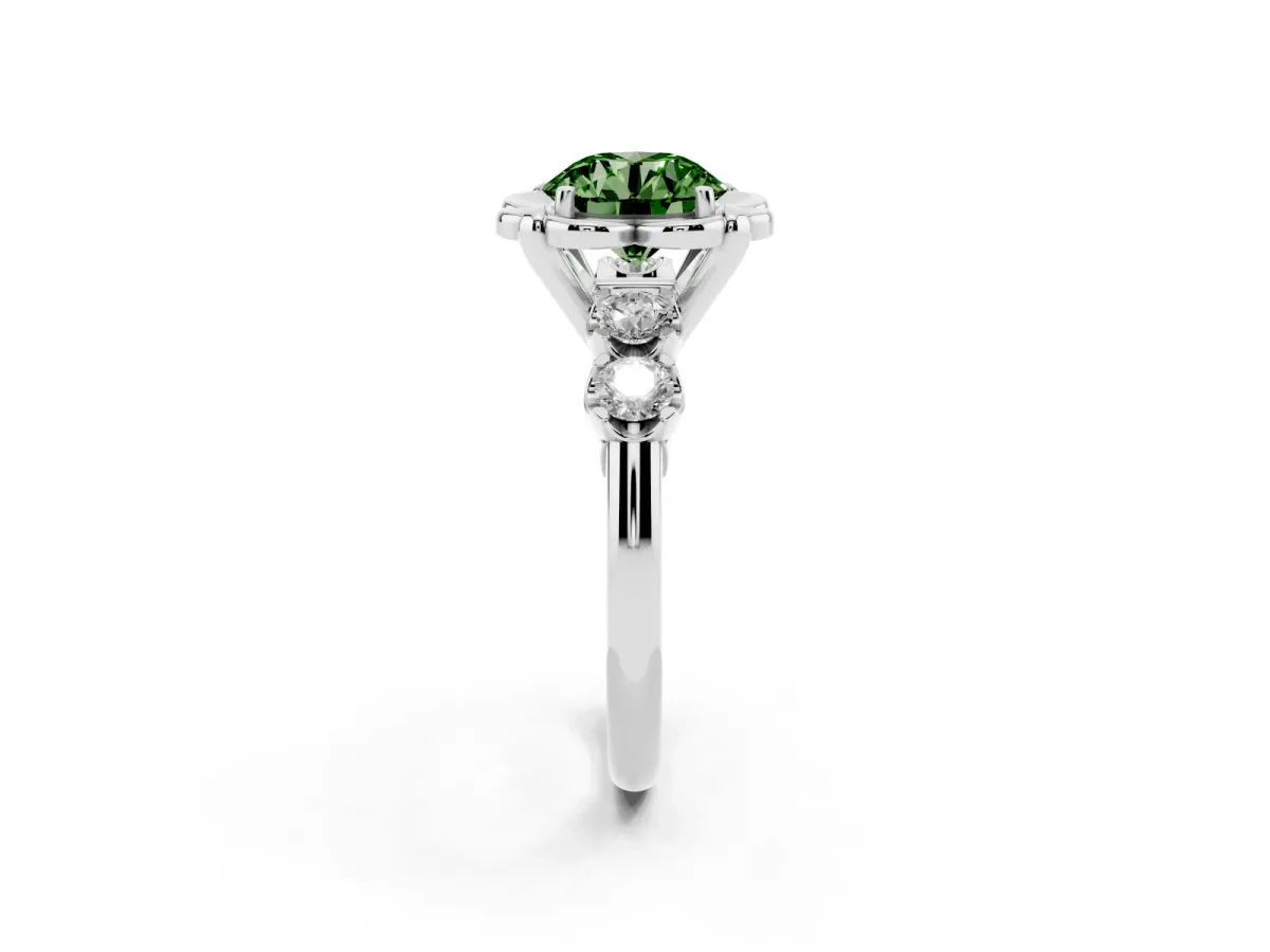 Fancy Green Round Cut Cut Diamond Floral Halo Engagement Ring with Shared Prong Setting Silver