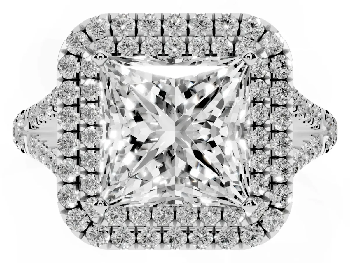 Double Halo Princess Cut Diamond Split Shank Engagement Ring with Four-Prong Setting Silver