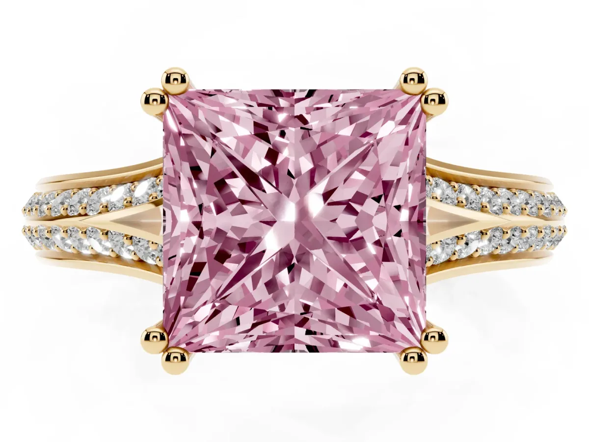 Fancy Pink Princess Cut Diamond Split Shank Engagement Ring with Pavé Band Yellow gold