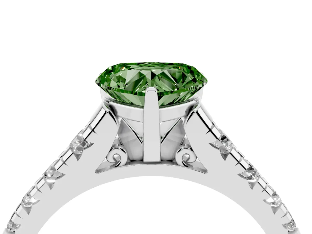 Fancy Green Heart Cut Diamond Cathedral Solitaire Ring with Round Pavé Band Silver
