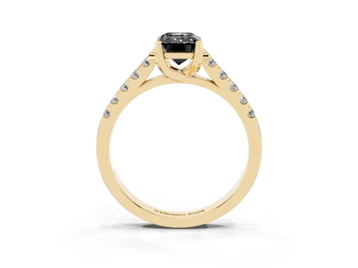 Fancy Black Emerald Cut Diamond Pavé Band Solitaire Ring with Prong Setting Yellow gold