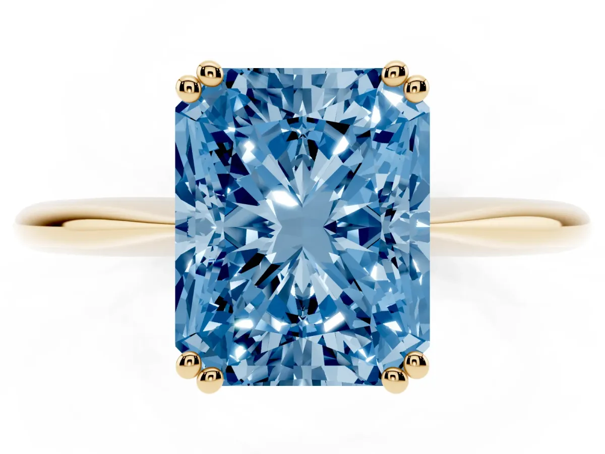 Fancy Blue Radiant Cut Solitaire Diamond Ring with Six-Prong Setting and Classic Band Yellow gold