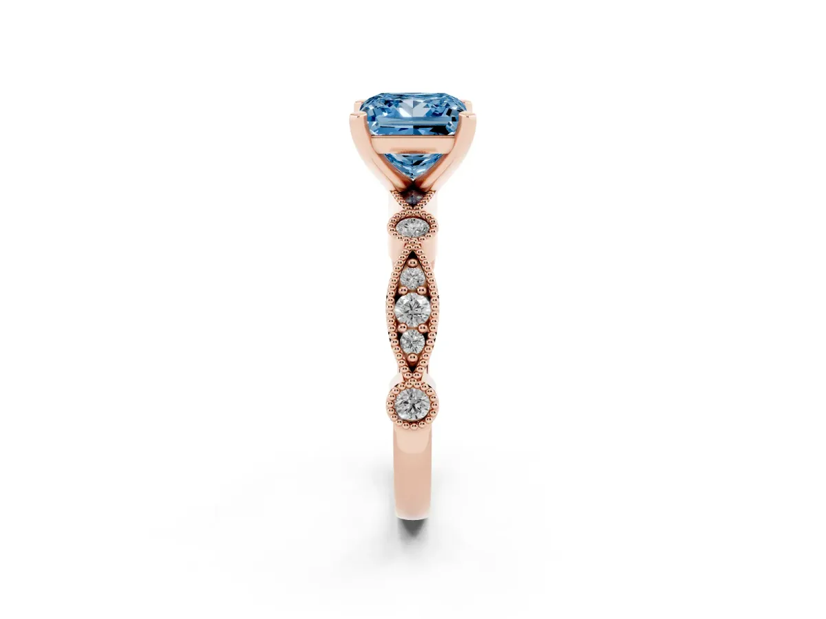 Fancy Blue Princess Cut Milgrain Bezel Diamond Engagement Ring with Solitaire Prong Setting Rose gold