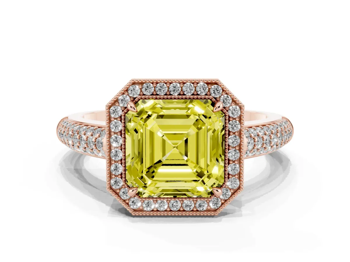 Fancy Yellow Asscher Cut Cut Halo Diamond Pave Band with Four-Prong Setting Rose gold