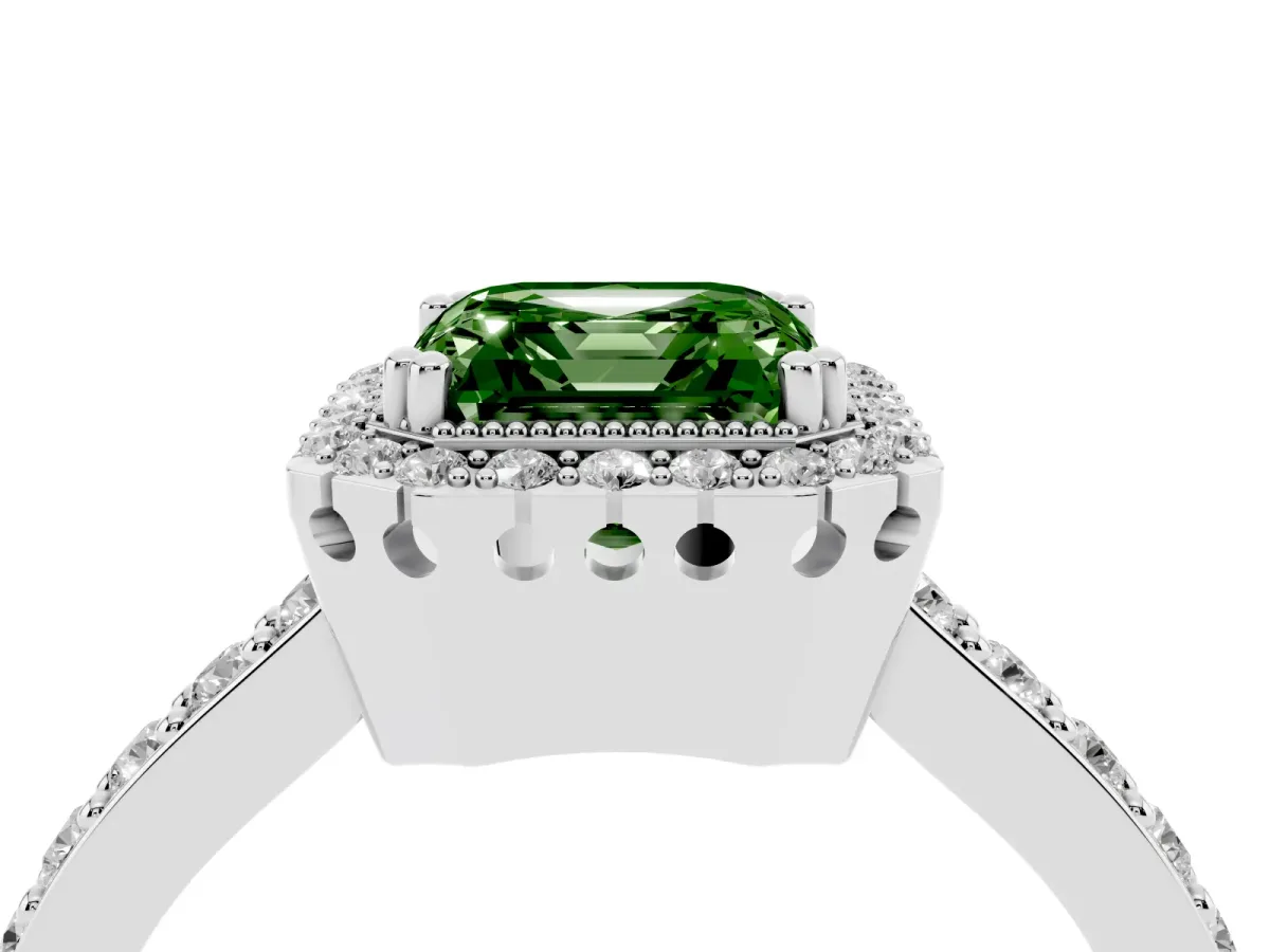 Fancy Green Asscher Cut Cut Diamond Halo Engagement Ring with Milgrain Detail and Pavé Band Platinum