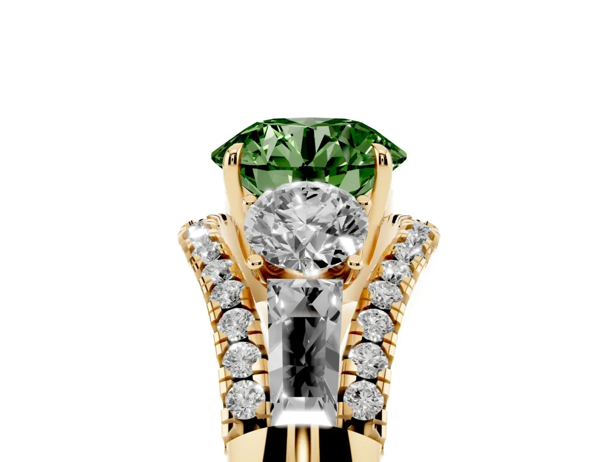 Fancy Green Three-Stone Round Cut Diamond Engagement Ring with Pave Band and Prong Setting Yellow gold