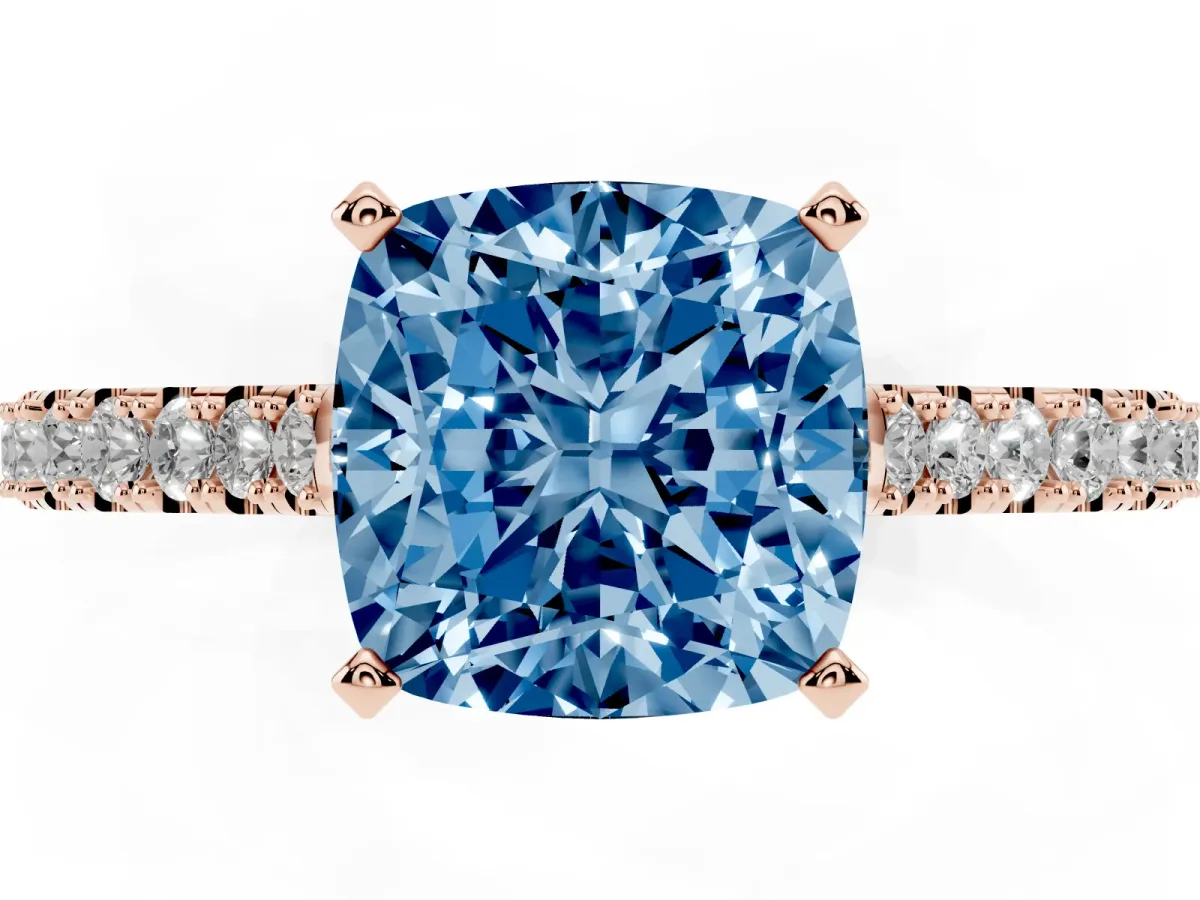 Fancy Blue Cushion Cut Cut Solitaire Diamond Engagement Ring with Pave Band and Four-Prong Setting Rose gold