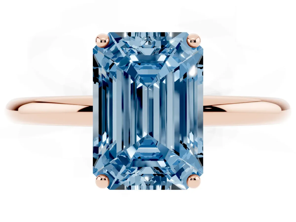 Fancy Blue Emerald Cut Solitaire Diamond Ring with a Classic Band and Four-Prong Setting Rose gold