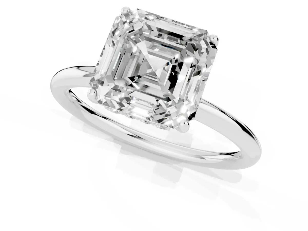 Asscher Cut Solitaire Diamond Ring with a Classic Band and Four-Prong Setting Silver