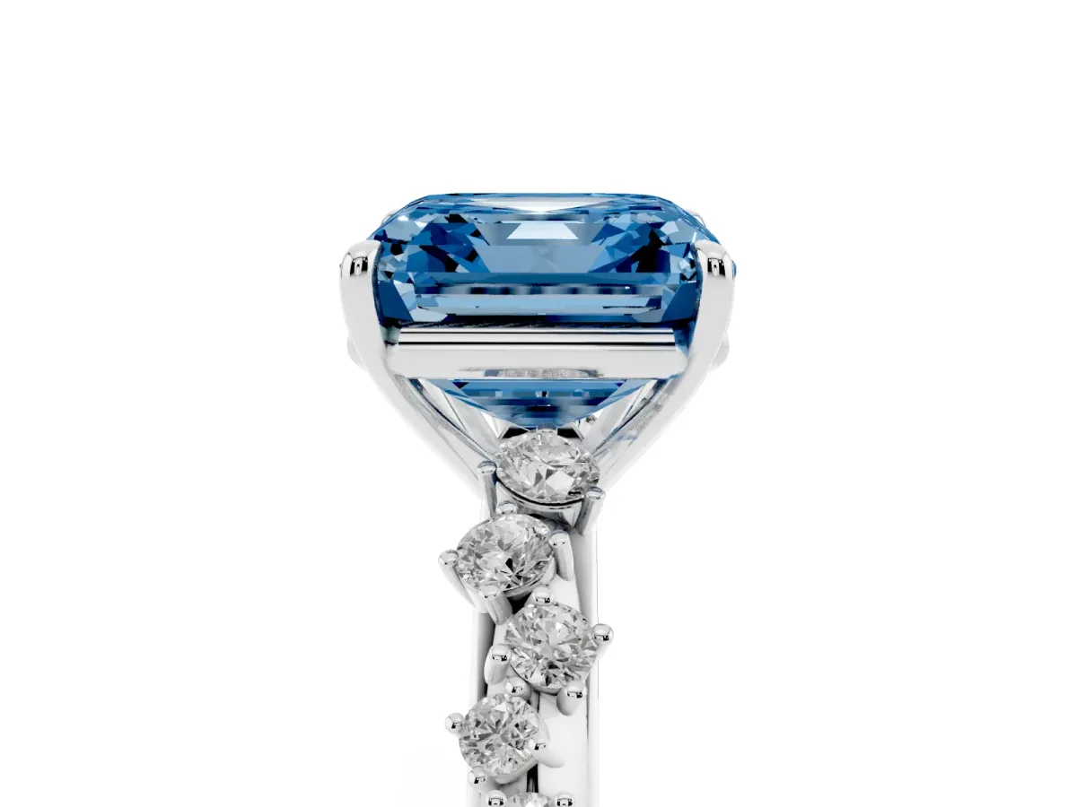 Fancy Blue Asscher Cut Diamond Cluster Side Stone Solitaire Ring with Prong Setting Silver