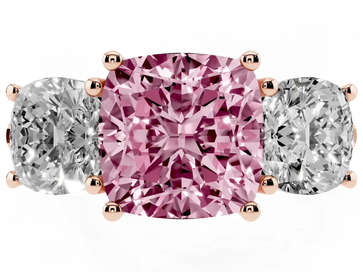 Fancy Pink Three-Stone Cushion Cut Diamond Ring with Round Pavé Band and Prong Setting Rose gold