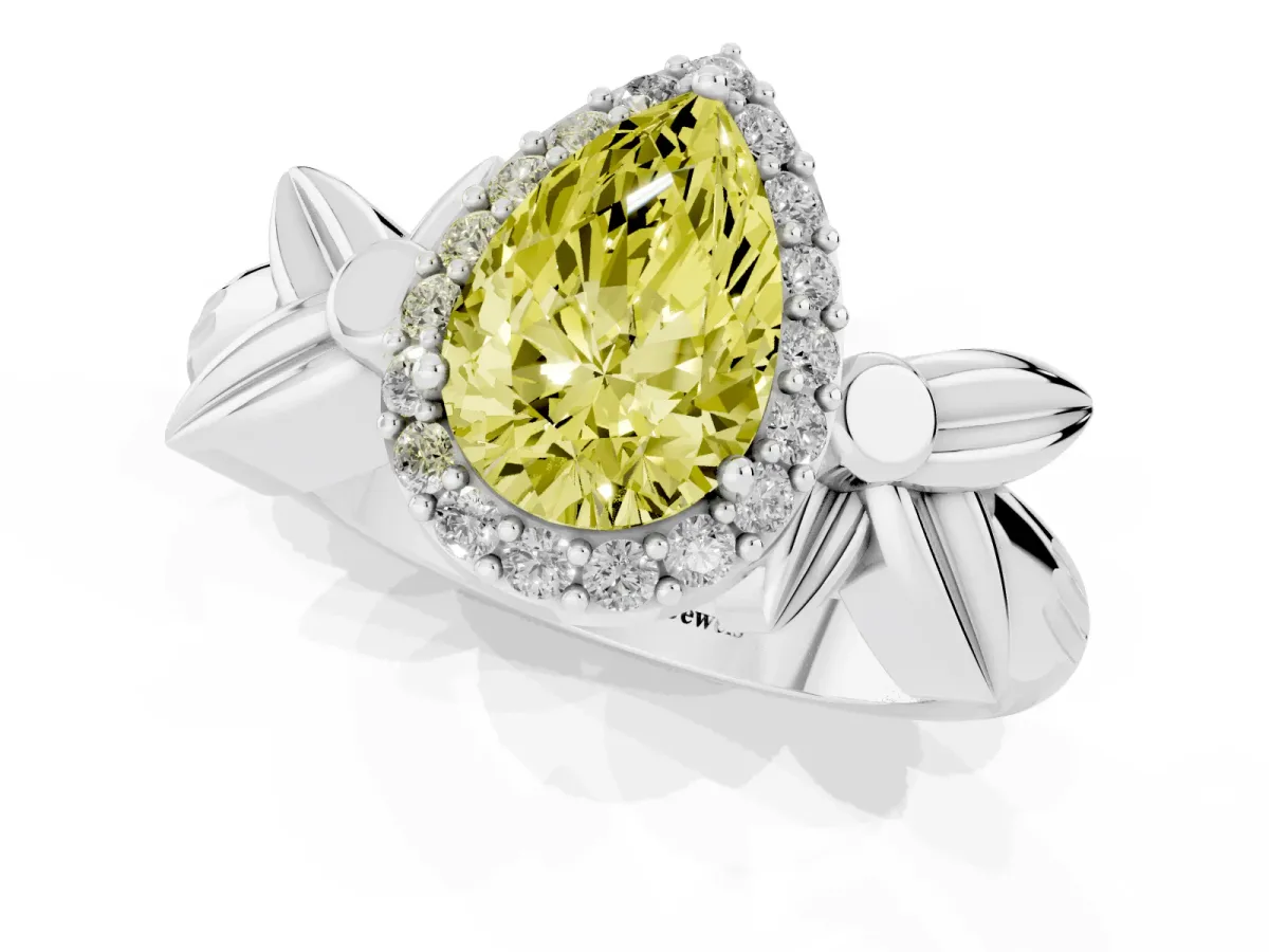 Fancy Yellow Pear Cut Halo Diamond Floral Band with Four-Prong Setting Platinum