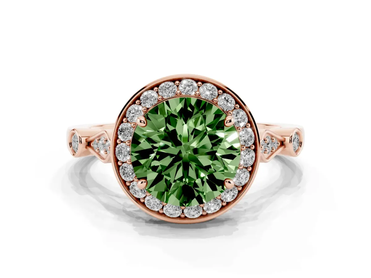 Fancy Green Round Cut Halo Diamond Engagement Ring with Twisted Band and Four-Prong Setting Rose gold