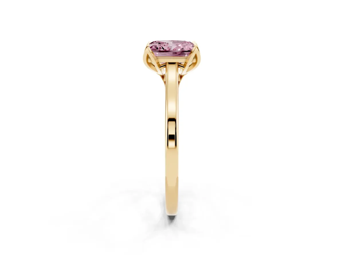 Fancy Pink Princess Cut Diamond Solitaire Ring with Flower Prong Setting and Classic Band Yellow gold