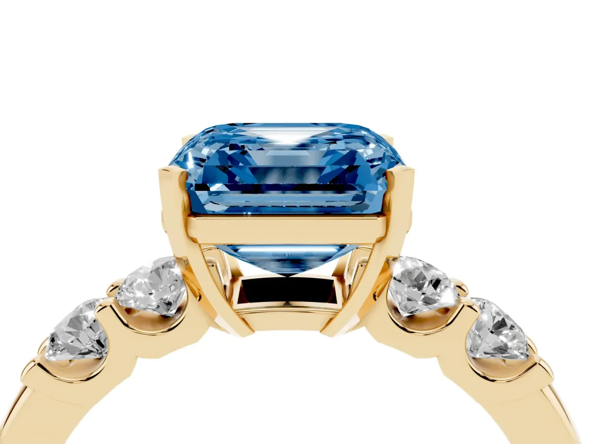 Fancy Blue Asscher Cut Brilliant Cut Diamond Five-Stone Prong Set Engagement Ring with Channel Band Yellow gold