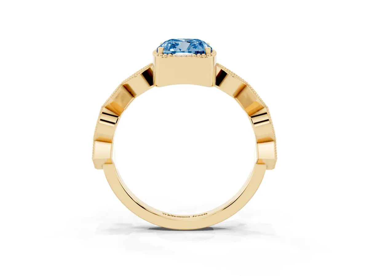 Fancy Blue Cushion Cut Milgrain Marquise Diamond Twist Band Ring Yellow gold