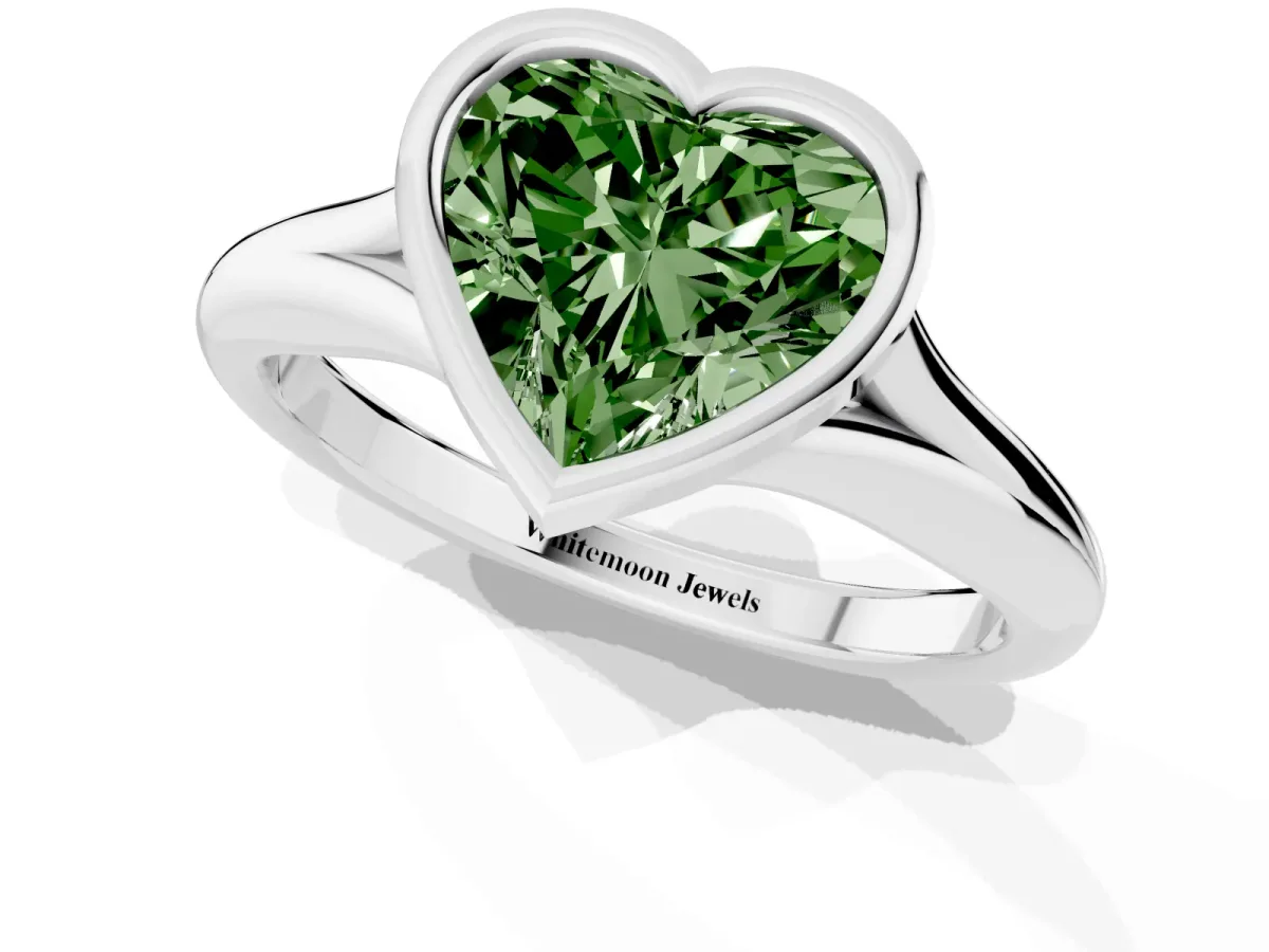 Fancy Green Bezel Set Heart Cut Solitaire Diamond Ring with Smooth Band Silver