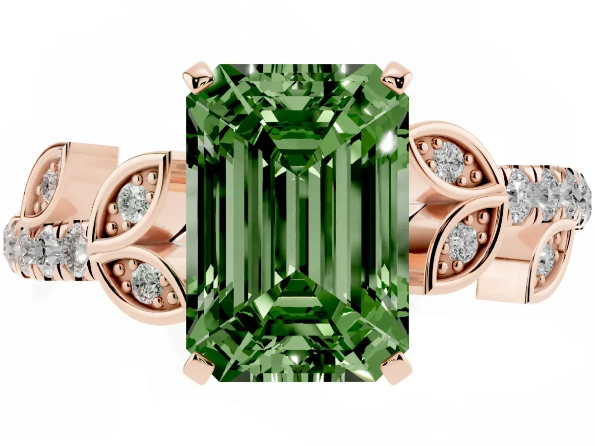 Fancy Green Emerald Cut Solitaire Leaf-Inspired Diamond Ring with Pavé Band and Four-Prong Setting Rose gold
