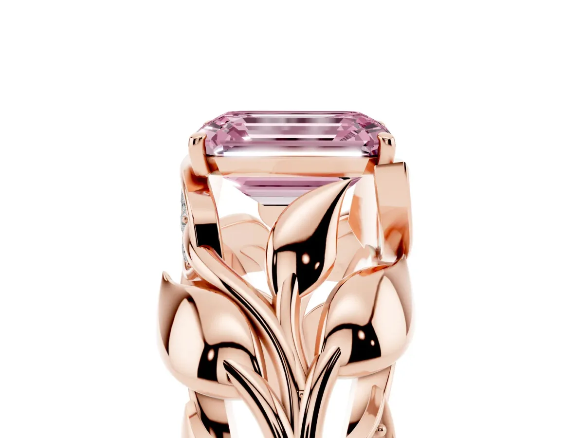 Fancy Pink Emerald Cut Diamond Leaf-Inspired Engagement Ring with Round Accents and Prong Setting Rose gold