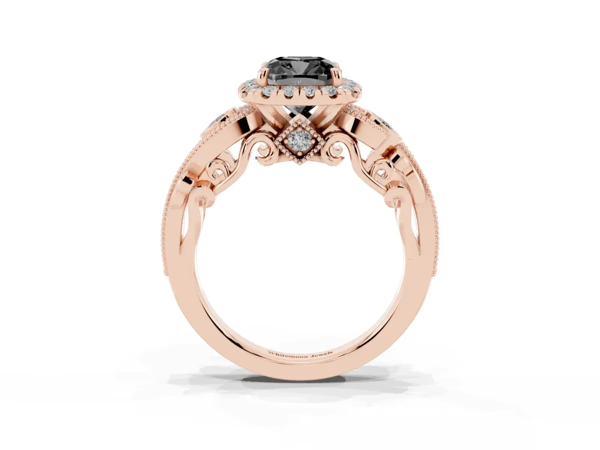 Fancy Black Cushion Cut Halo Diamond Ring with Milgrain and Bezel Accents on a Split Shank Band Rose gold