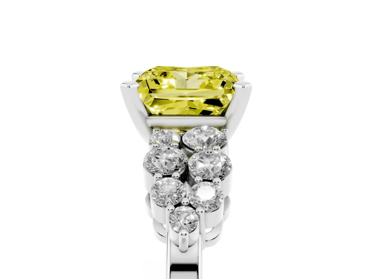 Fancy Yellow Princess Cut Cluster Diamond Engagement Ring with Pavé Band and Four-Prong Setting Platinum