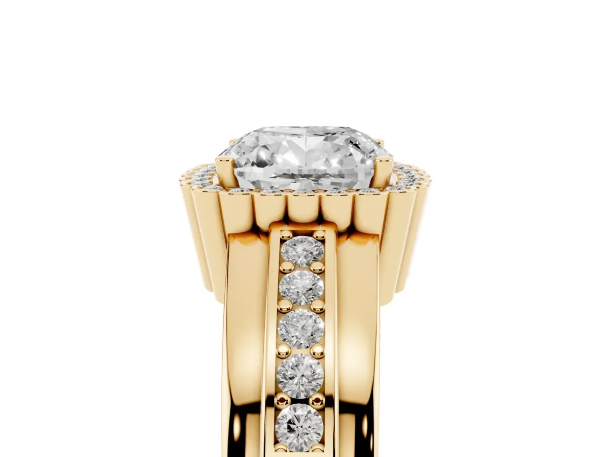Cushion Cut Cut Halo Pave Band Four-Prong Ring Yellow gold