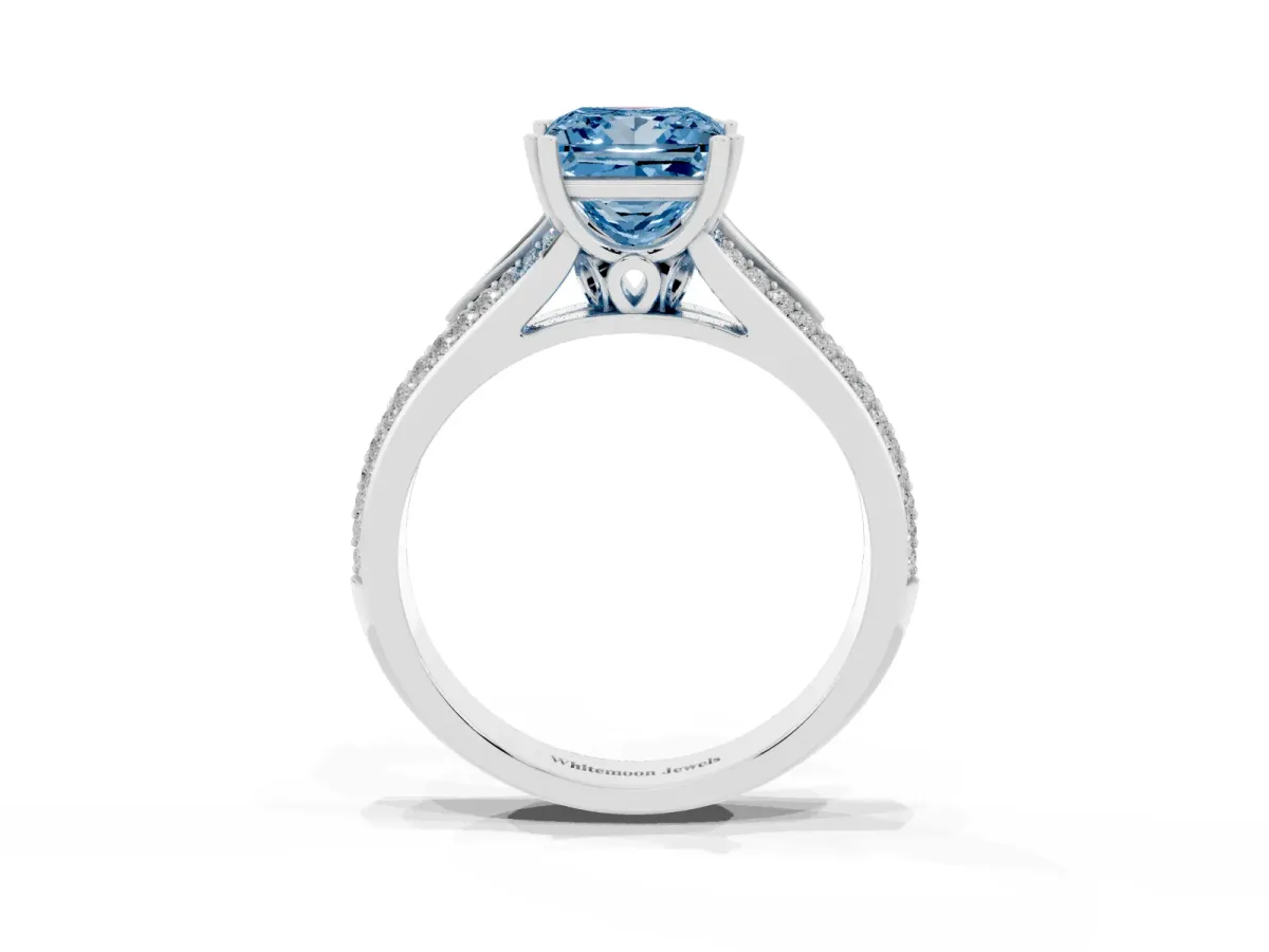 Fancy Blue Princess Cut Diamond Split Shank Engagement Ring with Pavé Band Silver