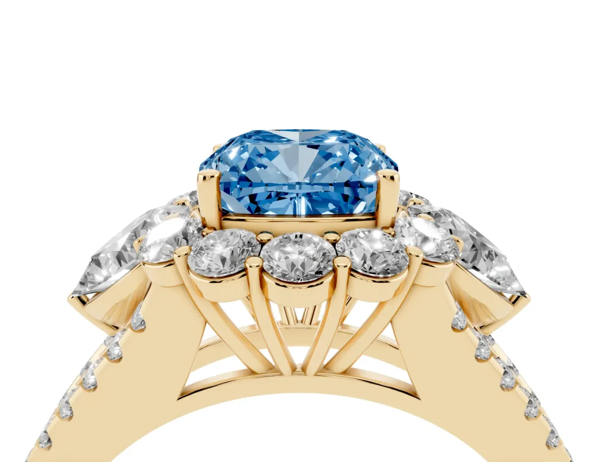 Fancy Blue Cushion Cut Halo Split Shank Diamond Engagement Ring with Prong Setting Yellow gold