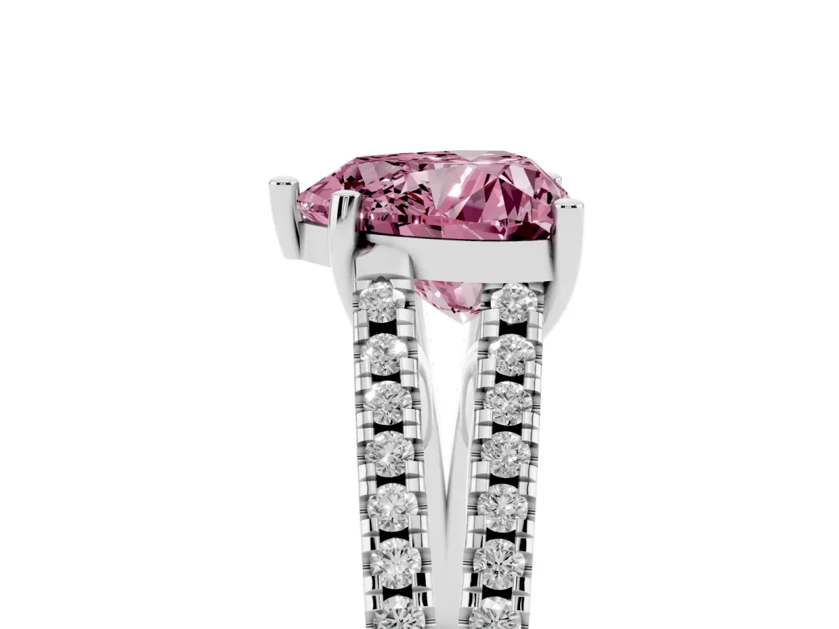Fancy Pink Heart Cut Diamond Solitaire Engagement Ring with Split Shank Pavé Band Silver