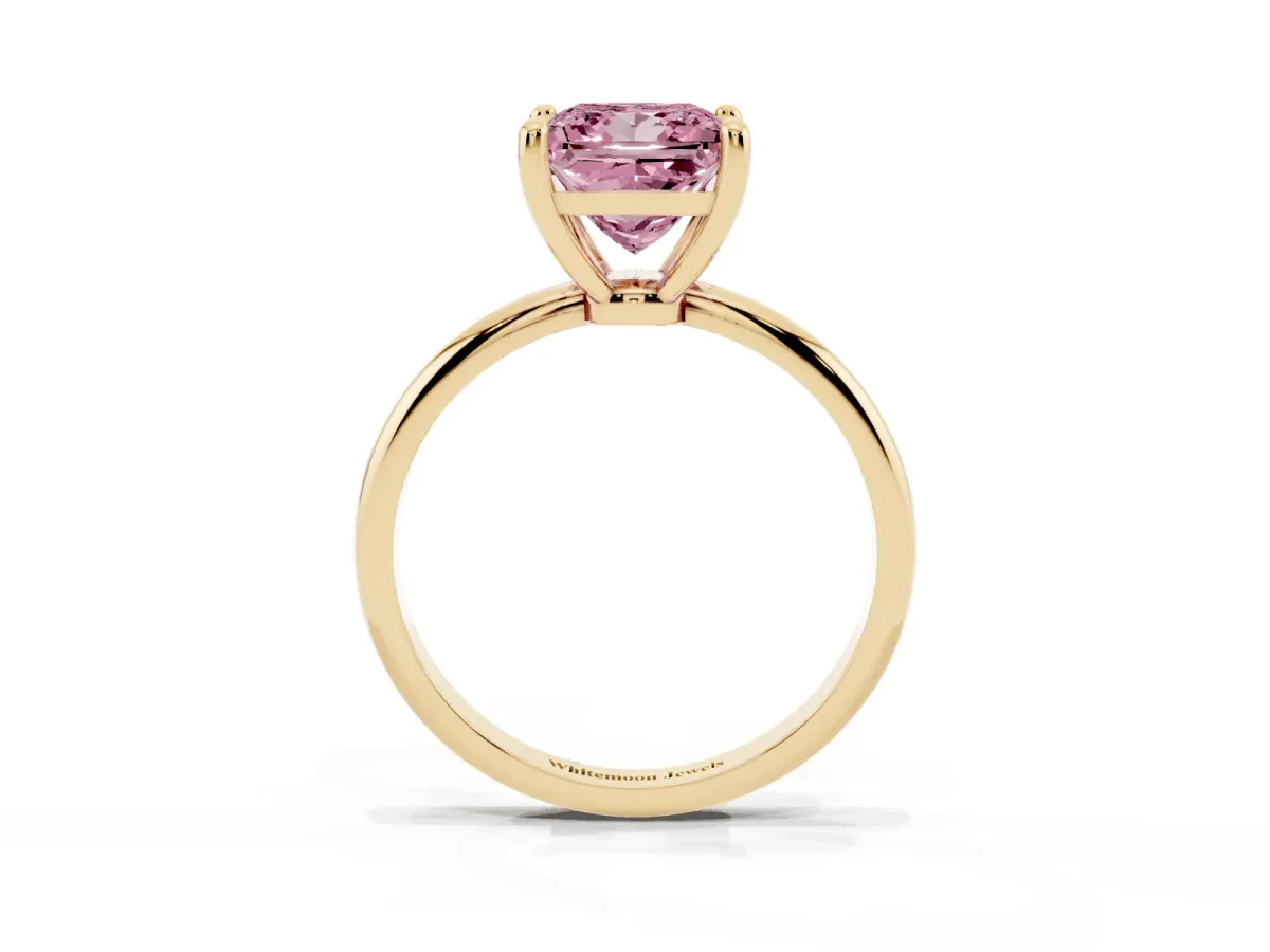 Fancy Pink Princess Cut Solitaire Diamond Ring with 4-Prong Setting on a Classic Band Yellow gold