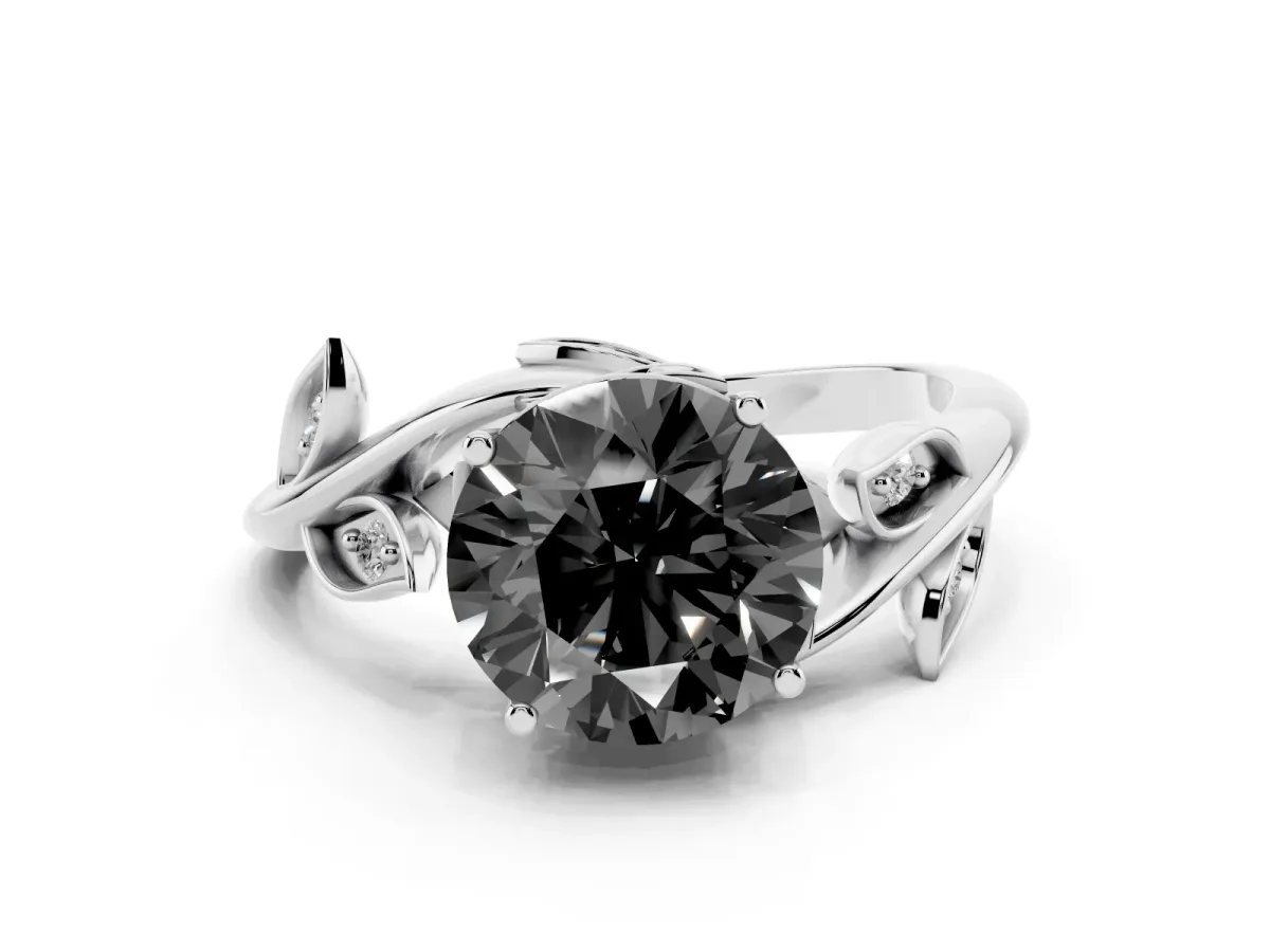 Fancy Black Round Cut Solitaire Twist Engagement Ring with Leaf Accents and Prong Setting Silver