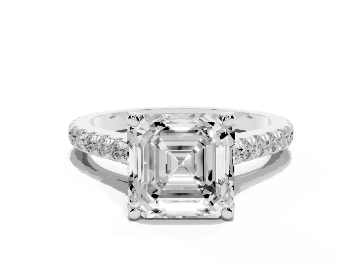 Asscher Cut Brilliant Diamond Solitaire with Pavé Band and Four-Prong Setting Platinum