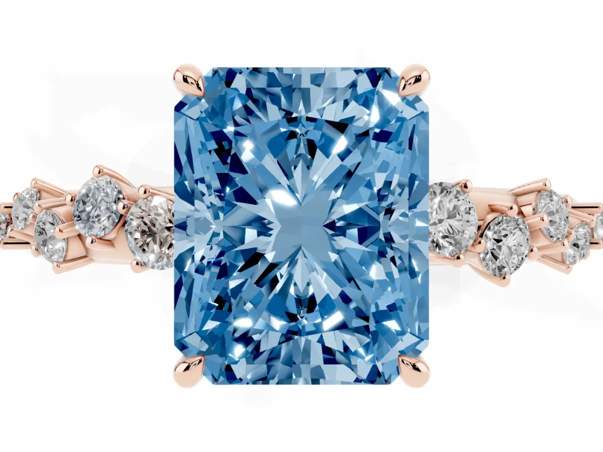 Fancy Blue Radiant Cut Diamond Cluster Side Stone Solitaire Ring with Prong Setting Rose gold