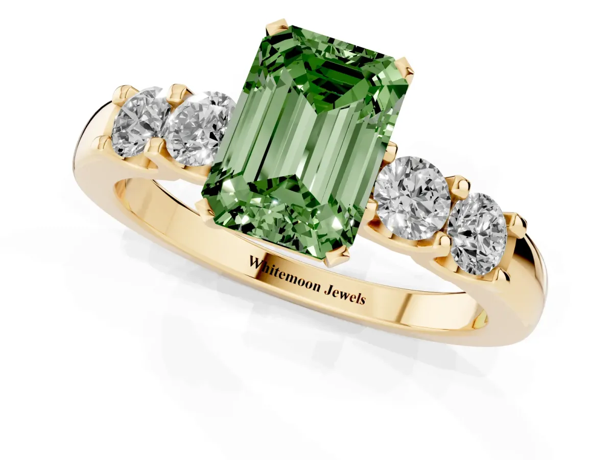 Fancy Green Emerald Cut Brilliant Cut Diamond Five-Stone Prong Set Engagement Ring with Channel Band Yellow gold