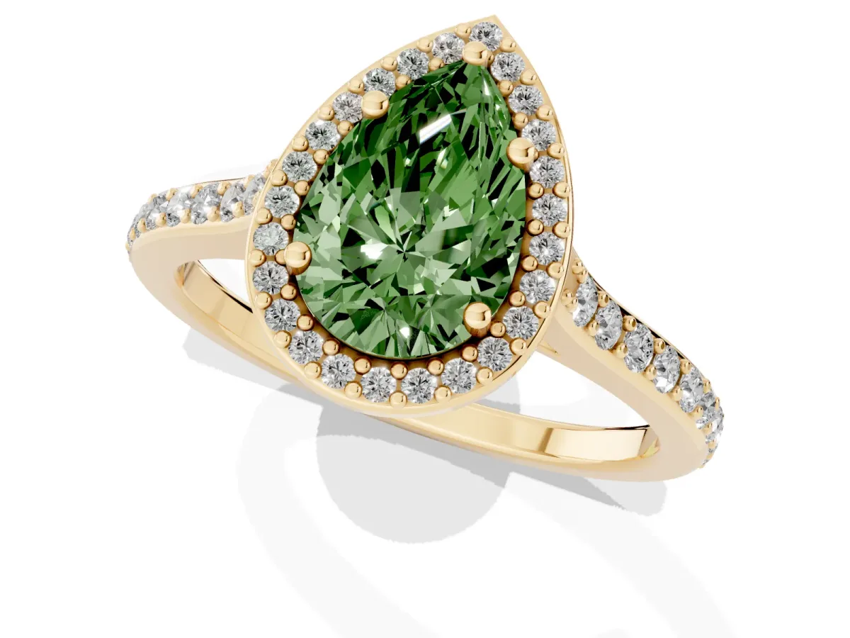 Fancy Green Pear Cut Diamond Halo Engagement Ring with Round Pavé Shoulders and Prong Setting Yellow gold