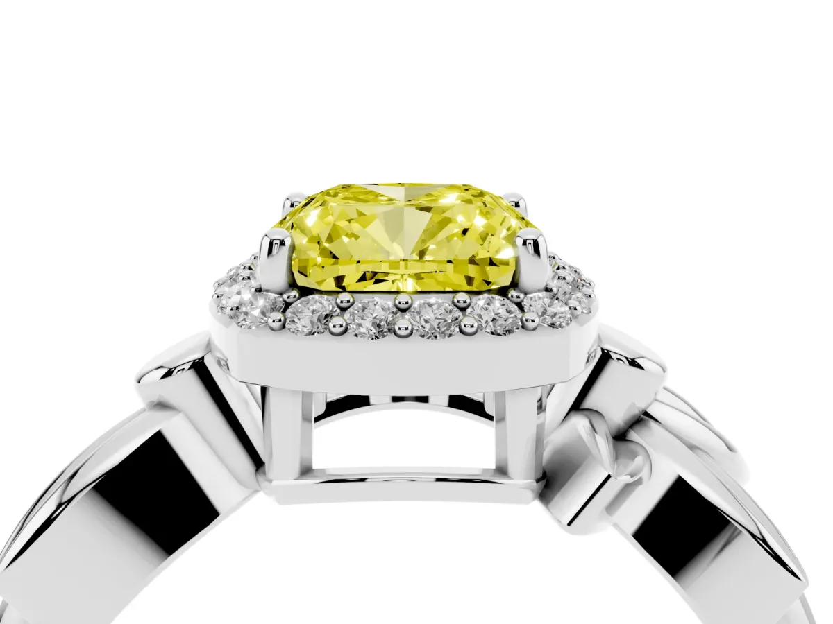 Fancy Yellow Cushion Cut Halo Diamond Floral Band with Four-Prong Setting Platinum