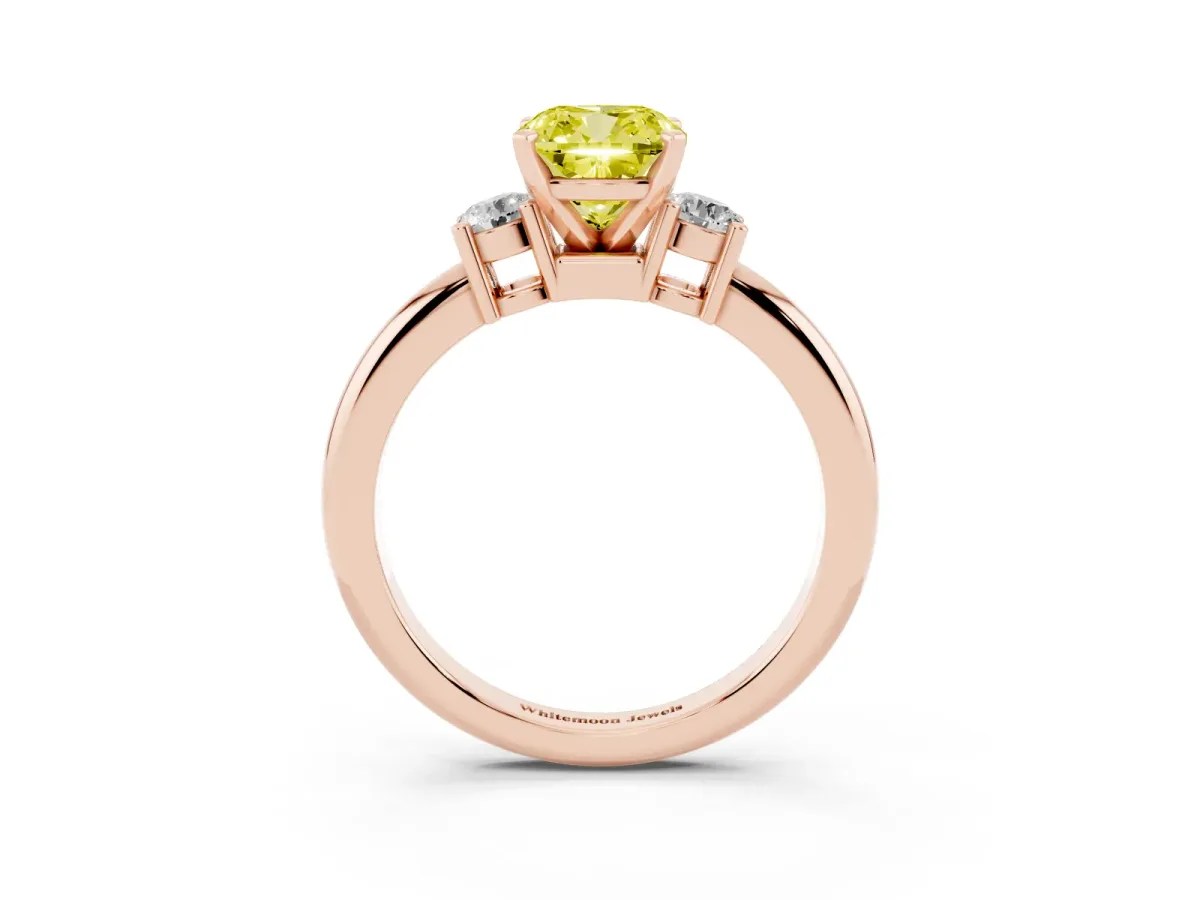 Fancy Yellow Three-Stone Cushion Cut Cut Diamond Solitaire with Prong Setting and Classic Band Rose gold
