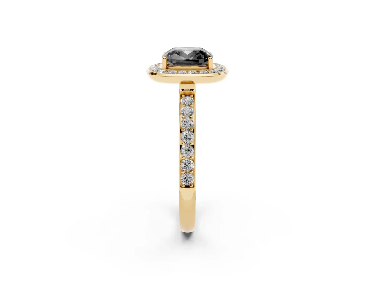 Fancy Black Cushion Cut Diamond Halo Ring with Bezel Frame and Pavé Band Yellow gold